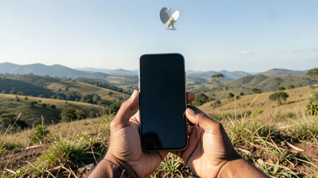 Imagem gerada por IA: Celular em primeiro plano em uma paisagem remota, com um satélite no céu.