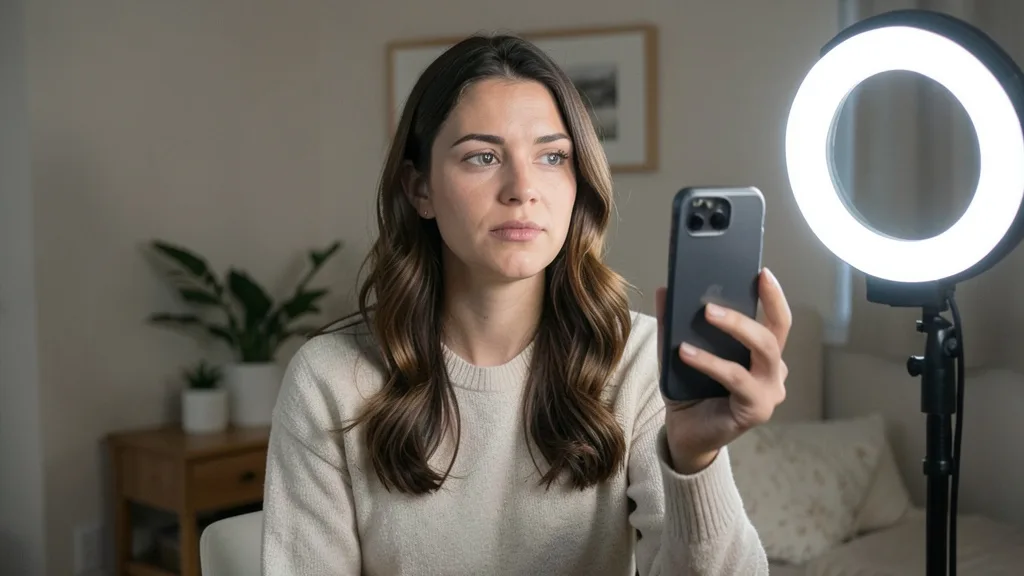 Imagem gerada por IA: Cantora grava um vídeo com o celular em um ambiente simples.
