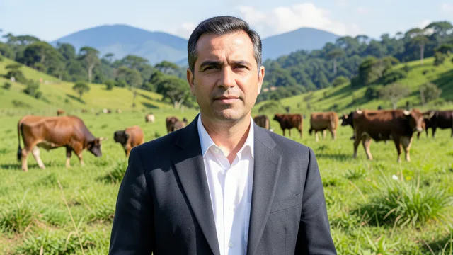 Imagem gerada por IA: Pecuarista em uma pastagem com gado no interior de Rondônia.