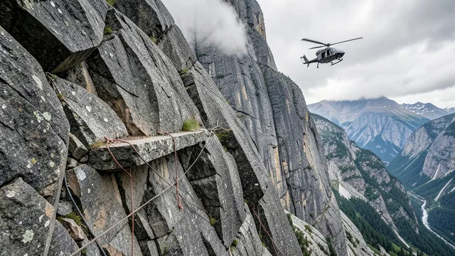 Imagem gerada por IA: Parede rochosa íngreme na montanha, com cordas de resgate e um helicóptero ao fundo.