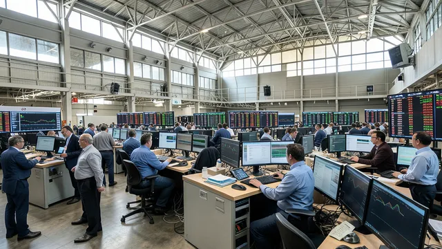 Imagem gerada por IA: Operadores acompanham as negociações na bolsa de valores brasileira.