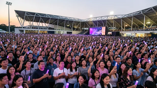 Imagem gerada por IA: Fãs se reúnem diante de um estádio em São Paulo antes de um show de K-pop.