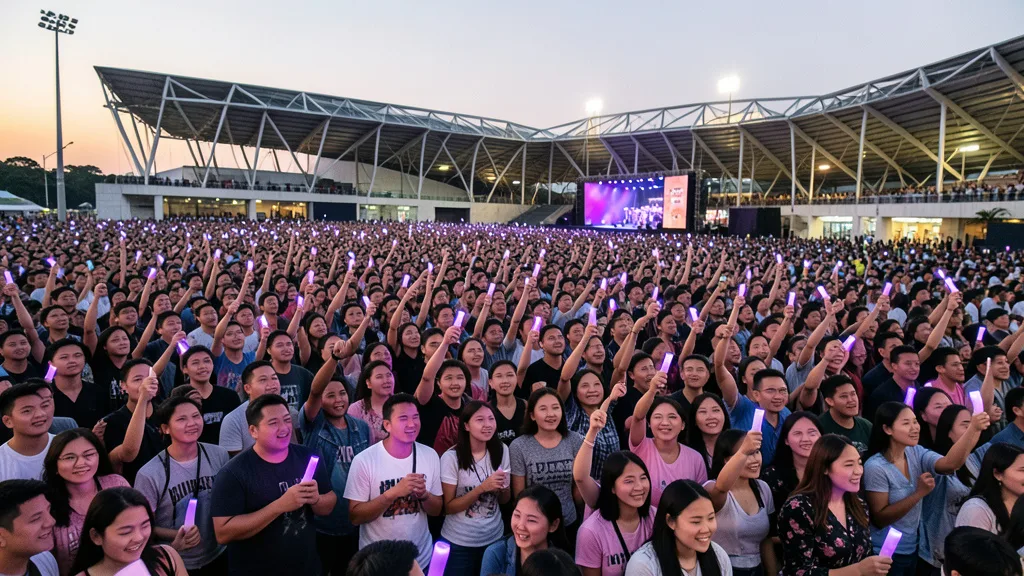 Imagem gerada por IA: Fãs se reúnem diante de um estádio em São Paulo antes de um show de K-pop.