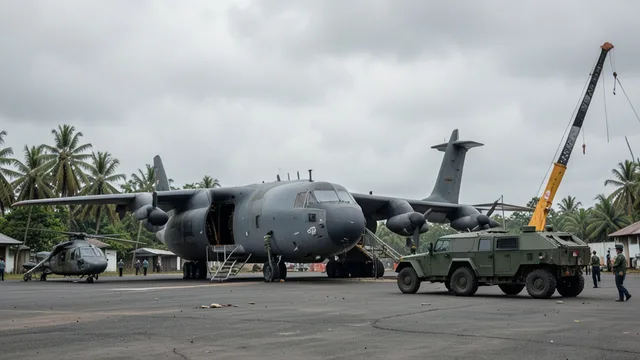 Imagem gerada por IA: Helicóptero e veículos blindados próximos a um avião militar em um campo de pouso.