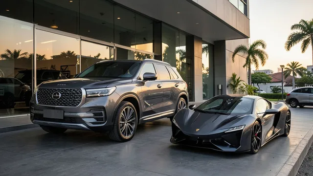 Imagem gerada por IA: SUV de luxo e superesportivo elétrico diante de uma concessionária moderna.