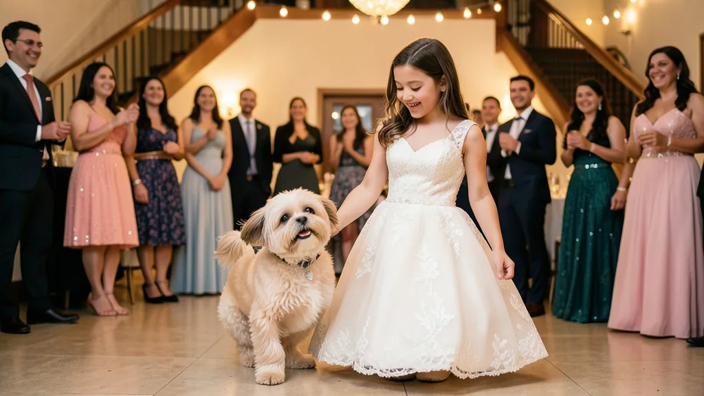 Imagem gerada por IA: Uma adolescente dança com um Shih Tzu em uma festa de 15 anos, enquanto convidados acompanham ao fundo.