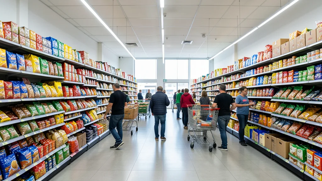 Interior de um atacarejo brasileiro, com corredores de produtos e clientes fazendo compras.