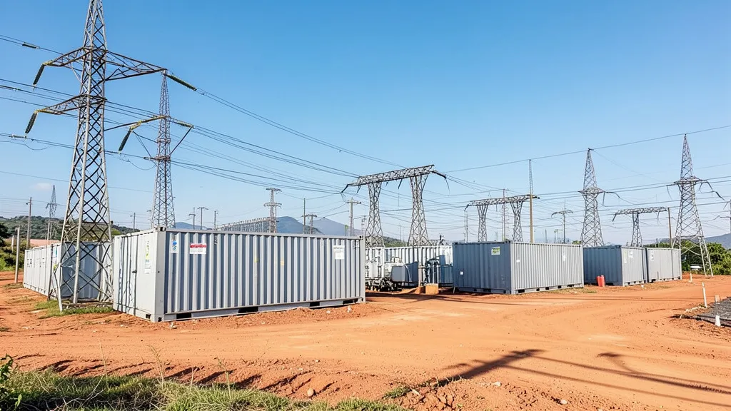 Imagem gerada por IA: Contêineres de baterias industriais próximos a estruturas da rede elétrica.