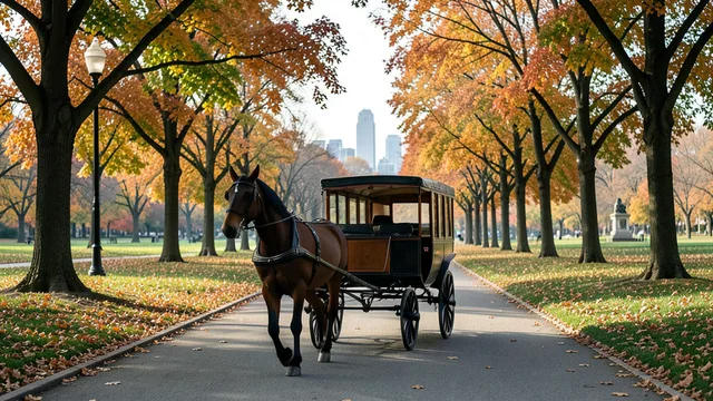 Imagem gerada por IA: Carruagem puxada por um cavalo em uma alameda arborizada do Central Park.