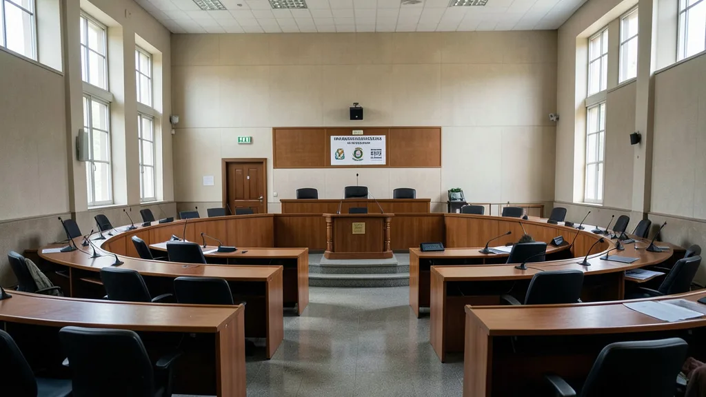 Imagem gerada por IA: Plenário de uma câmara municipal com cadeiras e tribuna vazias.