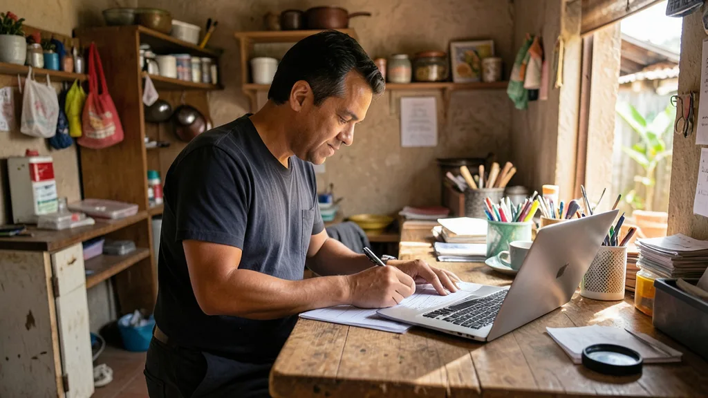 Imagem gerada por IA: Pequeno empreendedor trabalha no balcão de um comércio, com papéis e computador.