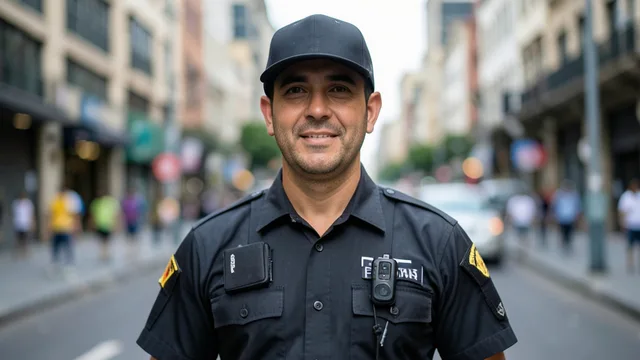 Imagem gerada por IA: Policial militar em patrulha usa uma câmera corporal presa ao uniforme.