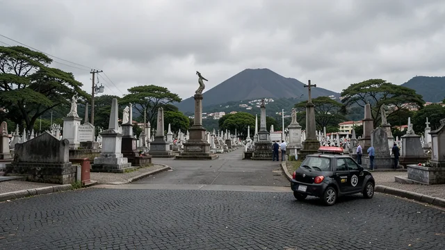 Imagem gerada por IA: Entrada de cemitério no Rio, com uma viatura policial estacionada nas proximidades.