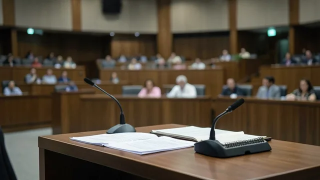 Imagem gerada por IA: Mesa com microfone no plenário do Senado, ao fundo.