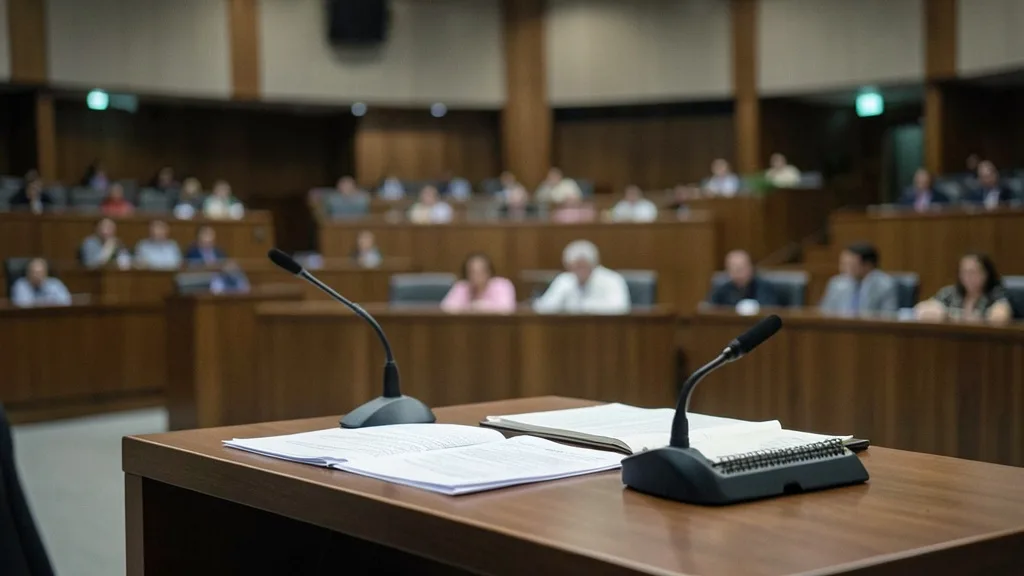 Imagem gerada por IA: Mesa com microfone no plenário do Senado, ao fundo.