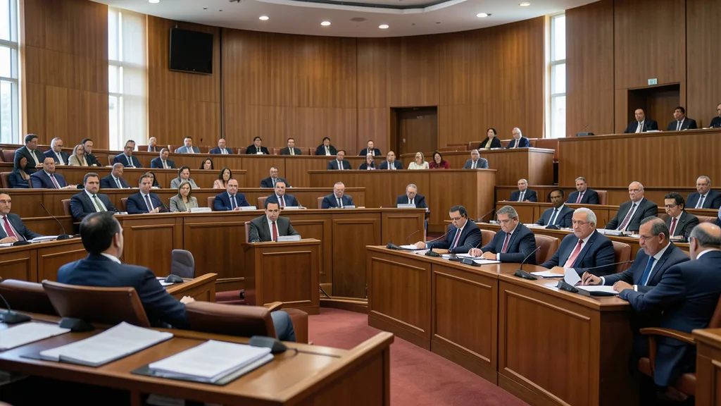 Imagem gerada por IA: Plenário do Senado durante uma sessão, com parlamentares ao fundo e documentos sobre as mesas.