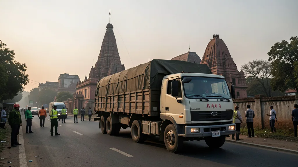 Imagem gerada por IA: Caminhão parado perto de um templo hindu em Gwalior, na Índia, após atropelamento durante um festival.