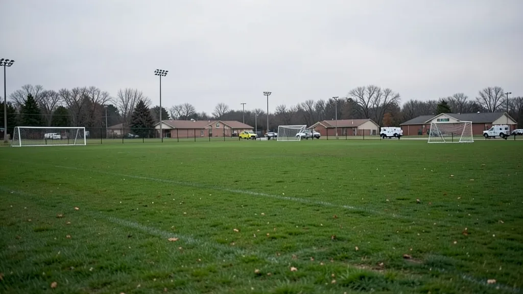 Imagem gerada por IA: Campos de futebol em um complexo esportivo com veículos de emergência ao fundo.