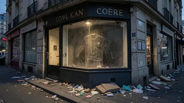 Imagem gerada por IA: Vitrine danificada de um comércio em Paris após tumultos, com destroços espalhados pela calçada.
