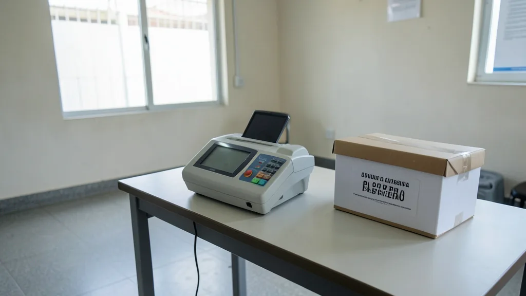 Imagem gerada por IA: Urna eletrônica em uma seção eleitoral vazia após a votação.