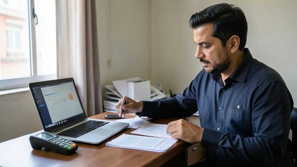 Imagem gerada por IA: Empresário analisa documentos fiscais ao lado de um terminal de pagamento
