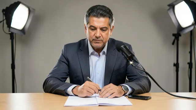 Imagem gerada por IA: Candidato se prepara para um debate em um espaço com microfone e iluminação de estúdio.