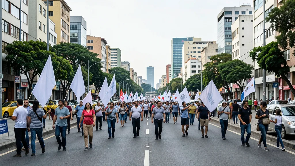 Imagem gerada por IA: Avenida de Porto Alegre com apoiadores genéricos durante o período eleitoral.
