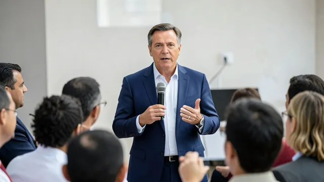 Imagem gerada por IA: Flávio Bolsonaro fala em um evento de campanha diante de apoiadores.