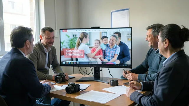 Imagem gerada por IA: Equipe de campanha analisa uma peça eleitoral sobre um programa de assistência social.