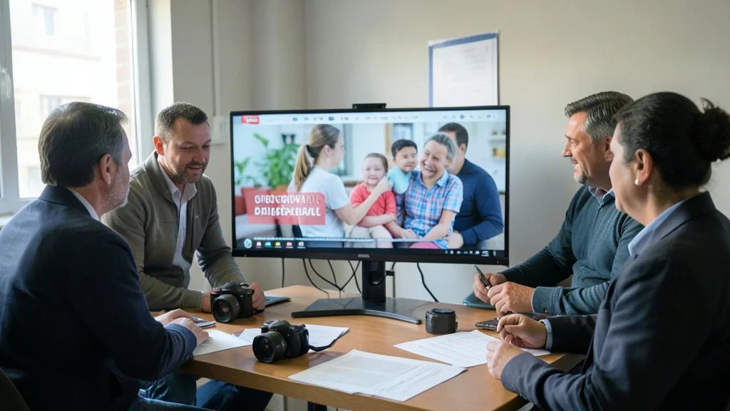 Imagem gerada por IA: Equipe de campanha analisa uma peça eleitoral sobre um programa de assistência social.