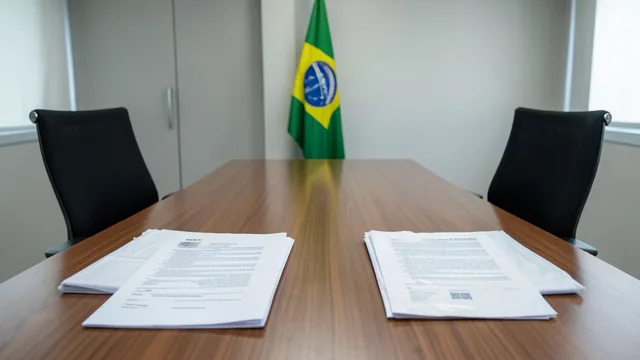 Imagem gerada por IA: Documentos e pastas sobre uma mesa em ambiente institucional, com duas cadeiras vazias ao fundo.