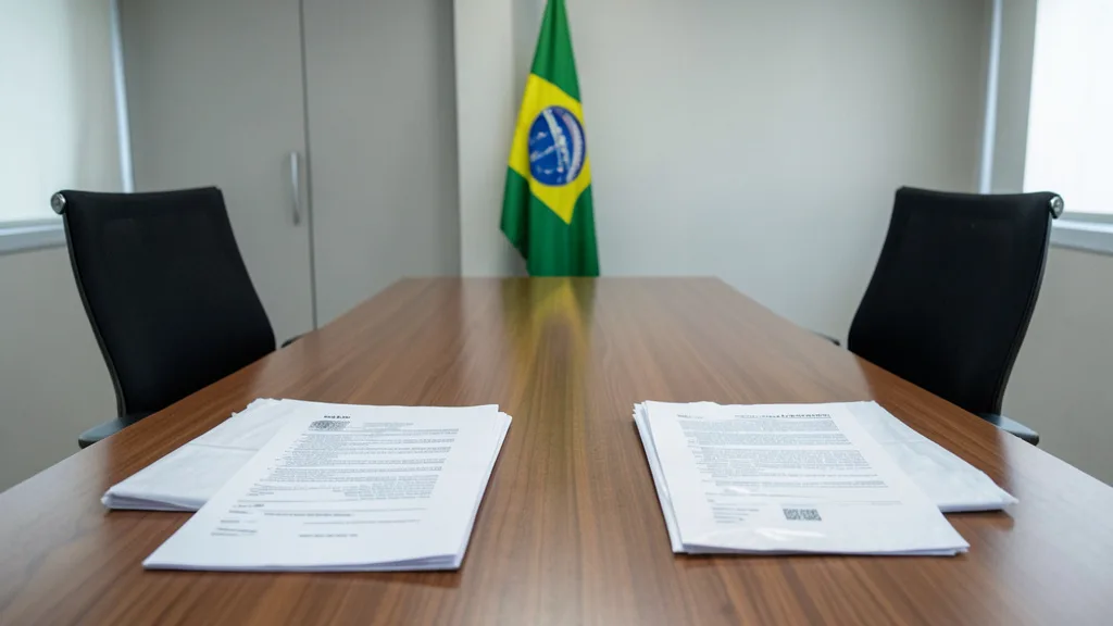 Imagem gerada por IA: Documentos e pastas sobre uma mesa em ambiente institucional, com duas cadeiras vazias ao fundo.