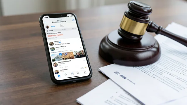 Imagem gerada por IA: Celular com feed de rede social ao lado de um martelo judicial e documentos.