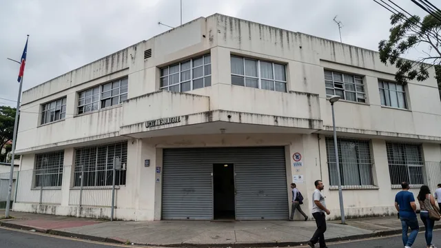 Entrada de uma repartição consular dos Estados Unidos no Brasil vista do lado de fora.