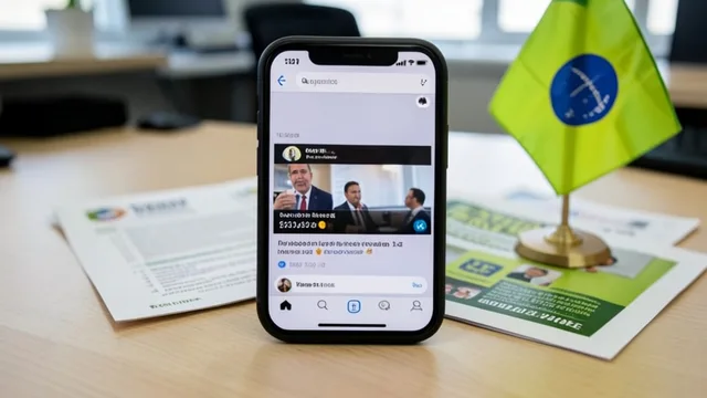Imagem gerada por IA: Celular com um canal de mensagens aberto sobre uma mesa ao lado de materiais de campanha e uma bandeira do Brasil.