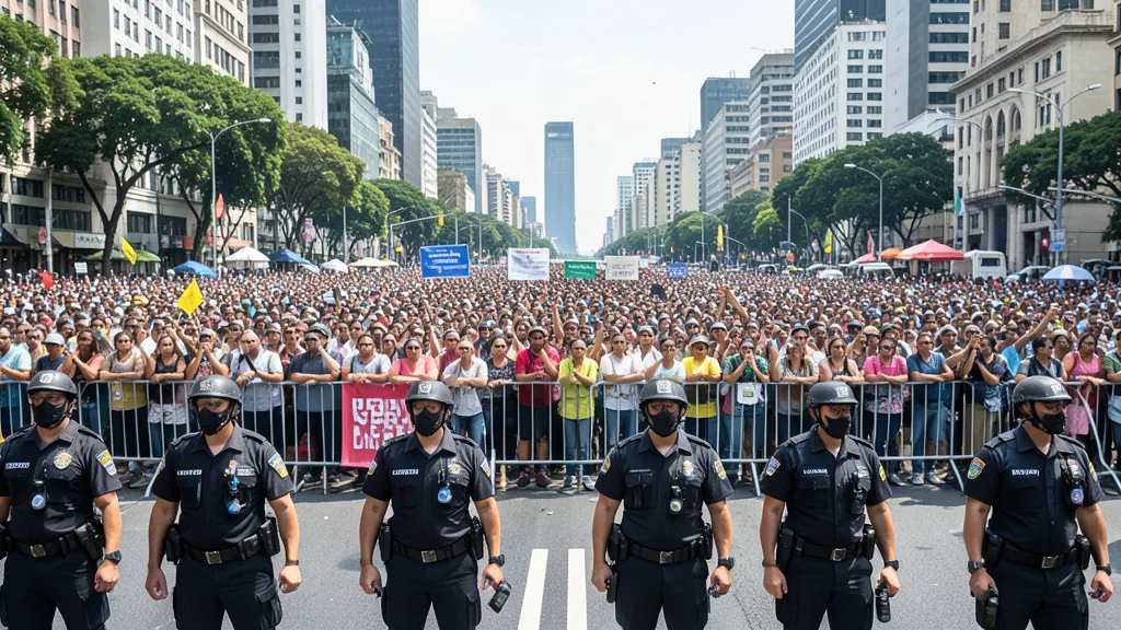 Imagem gerada por IA: Manifestantes e policiais com câmeras corporais durante um ato na Avenida Paulista.