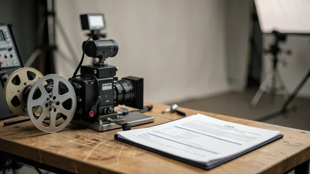 Imagem gerada por IA: Câmera de cinema e documentos sobre uma mesa em um ambiente de produção de filme.