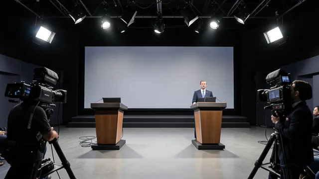 Imagem gerada por IA: Estúdio de televisão preparado para um debate presidencial, com dois púlpitos e câmeras.