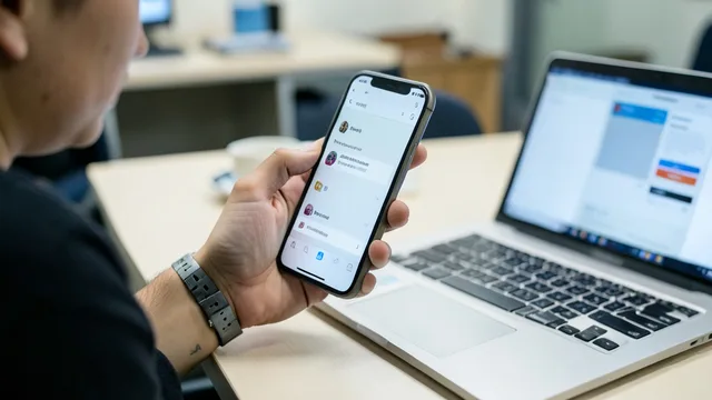 Imagem gerada por IA: Pessoa consulta redes sociais em um celular ao lado de um computador.