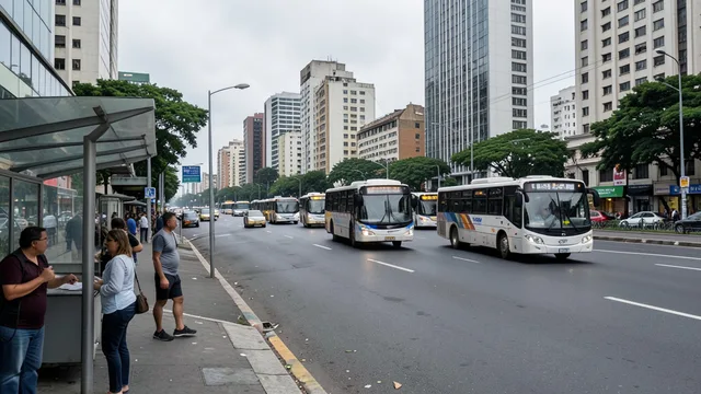 Imagem gerada por IA: Passageiros aguardam ônibus em uma avenida de São Paulo.