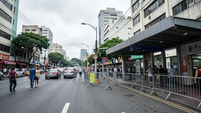 Imagem gerada por IA: Grades isolam a entrada de uma estação de metrô na avenida Paulista durante preparativos para um ato.