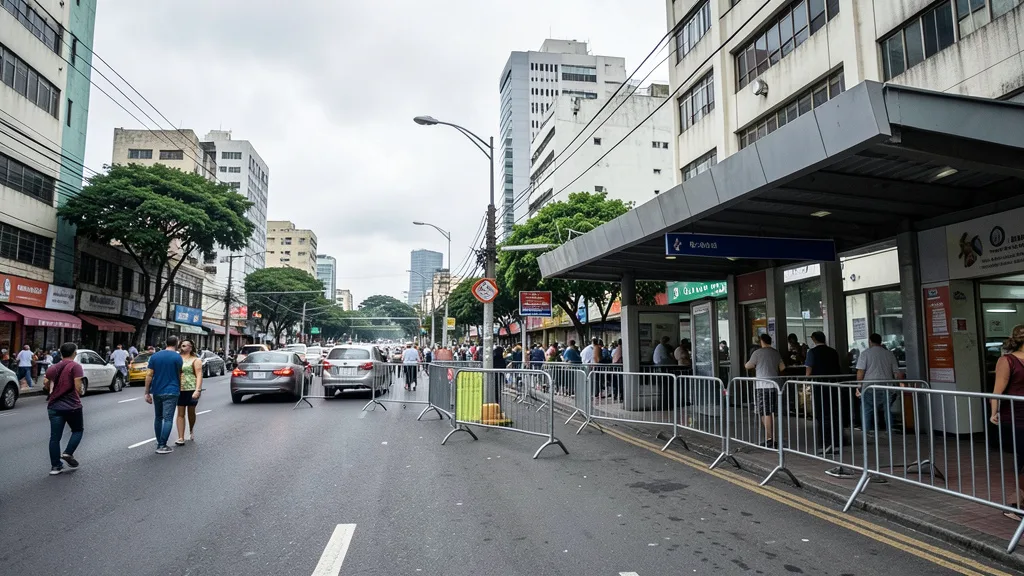 Imagem gerada por IA: Grades isolam a entrada de uma estação de metrô na avenida Paulista durante preparativos para um ato.
