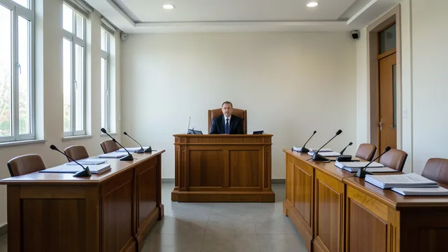Imagem gerada por IA: Plenário de um tribunal eleitoral com bancada, mesas e documentos.