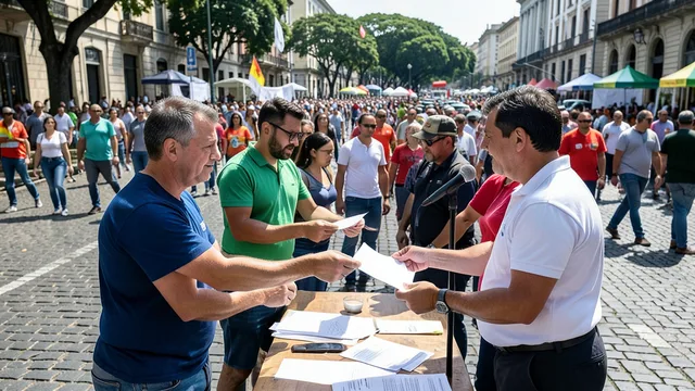 Imagem gerada por IA: Voluntários organizam um ato de campanha em uma praça e distribuem panfletos sem identificação.