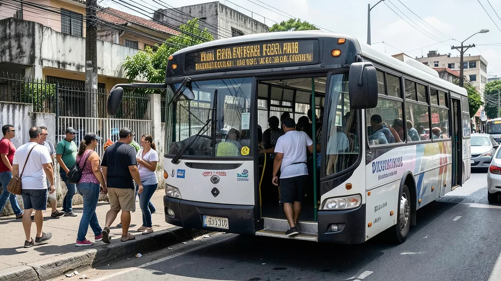 Imagem gerada por IA: Ônibus parado perto de uma seção eleitoral, com eleitores caminhando até a entrada.