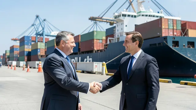 Imagem gerada por IA: Delegados apertam as mãos diante de um navio cargueiro em um porto internacional.