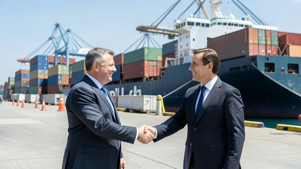 Imagem gerada por IA: Delegados apertam as mãos diante de um navio cargueiro em um porto internacional.
