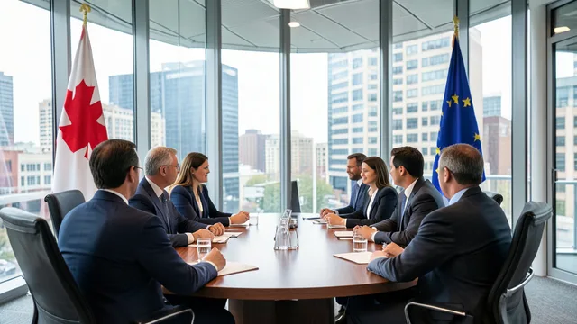 Imagem gerada por IA: Bandeiras do Canadá e da União Europeia em uma sala de reunião diplomática.