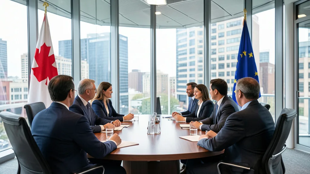 Imagem gerada por IA: Bandeiras do Canadá e da União Europeia em uma sala de reunião diplomática.