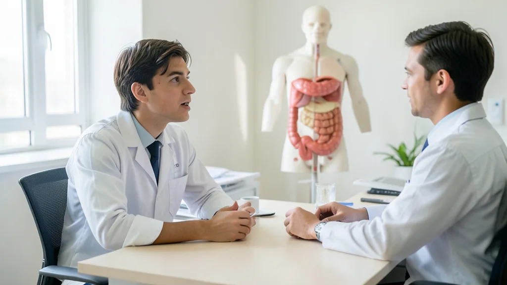 Imagem gerada por IA: Jovem conversa com médica em consultório, com um modelo anatômico do sistema digestivo ao fundo.